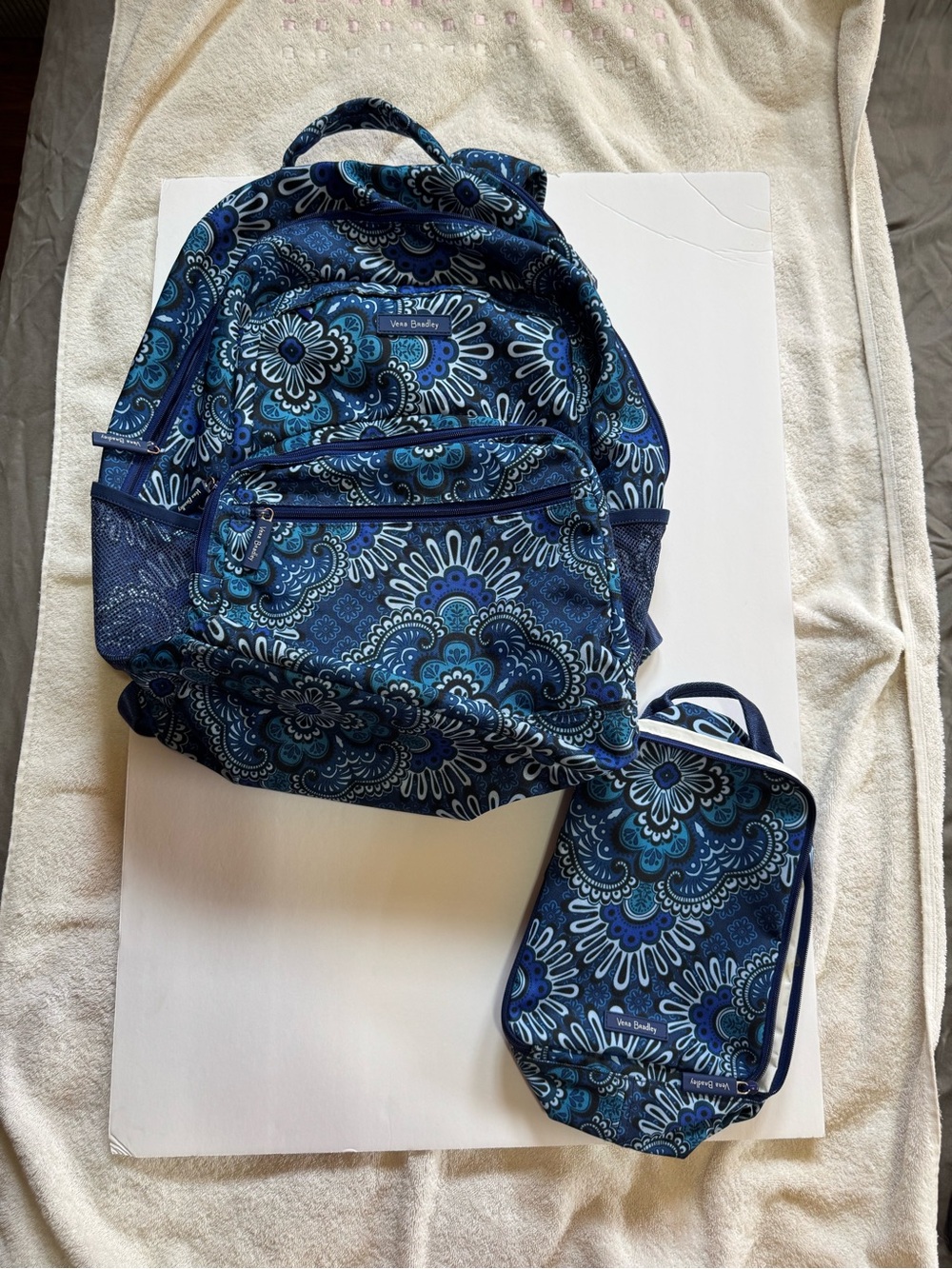 Vera Bradley Navy and Teal Floral Quilted Backpack with Lunch Bag